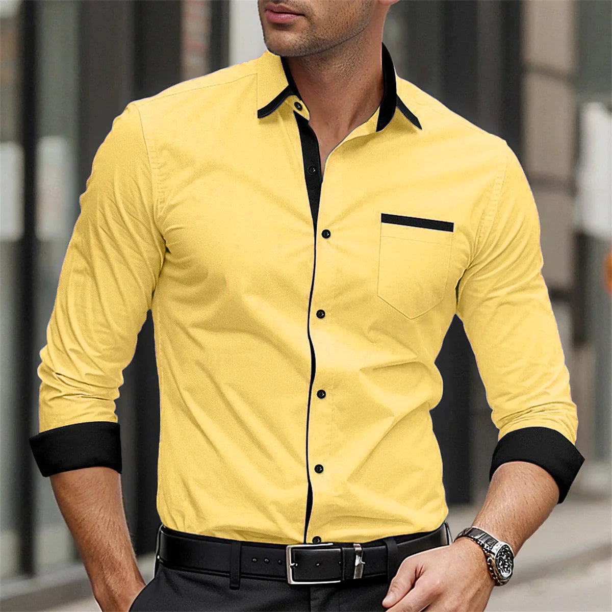 Camisa Social Masculina Manga Longa Elegante com Bolso Monocromática