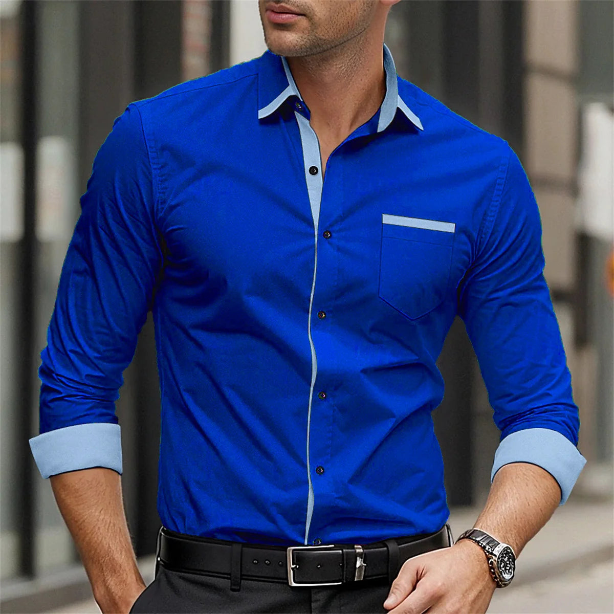 Camisa Social Masculina Manga Longa Elegante com Bolso Monocromática