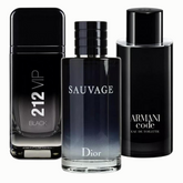 KIT 3 Perfumes Masculinos - 212 Vip Black | Armani Code | Sauvage Dior [100 ml cada] - Ziomen